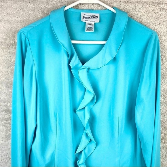 PENDLETON Aqua Blue Ruffled Blouse Size 10 Office Work Professional - Picture 2 of 16